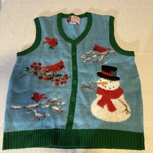 Merry Christmas Women Size L Blue Knit Cardinal Snowman Ugly Sweater Vest